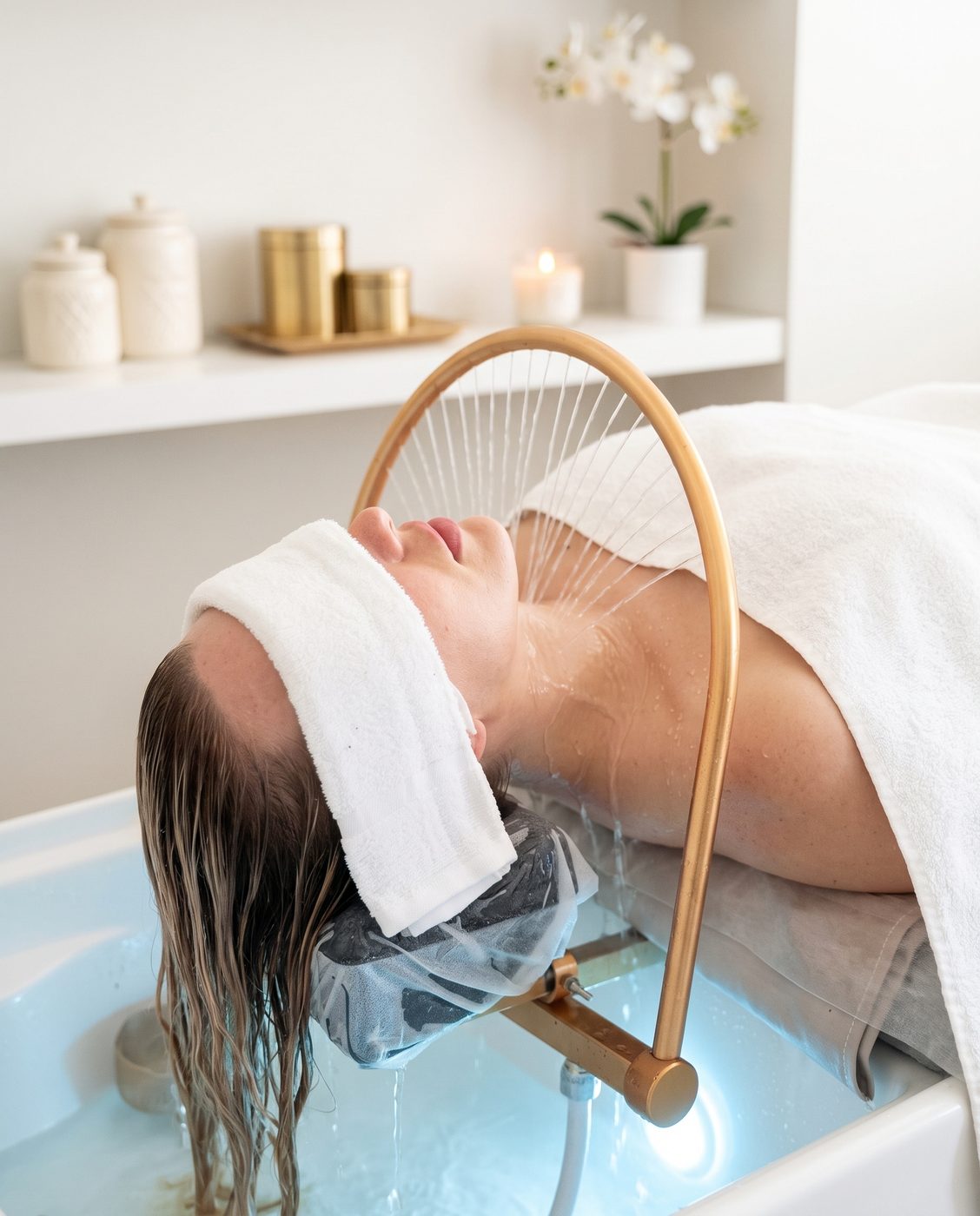 Guest resting under the head spa water arch