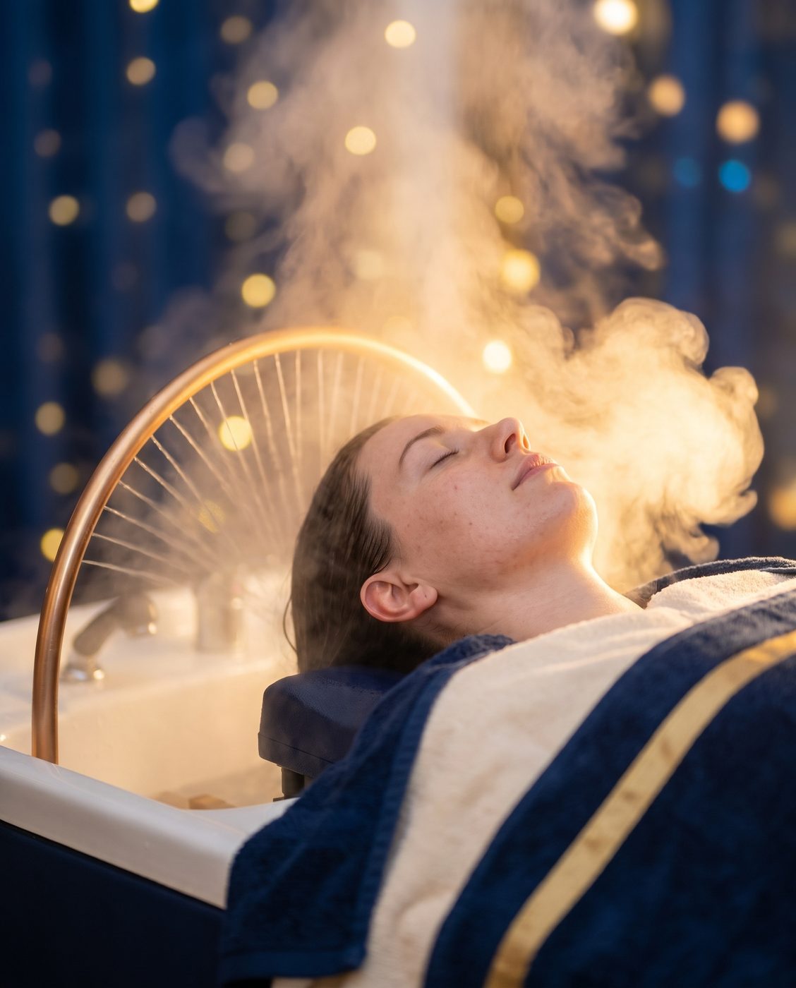 Guest relaxing at the head spa basin in warm steam