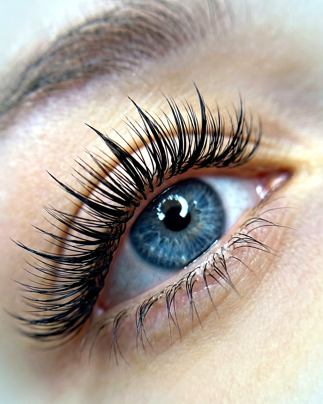 Close-up of a blue eye with volume lash extensions
