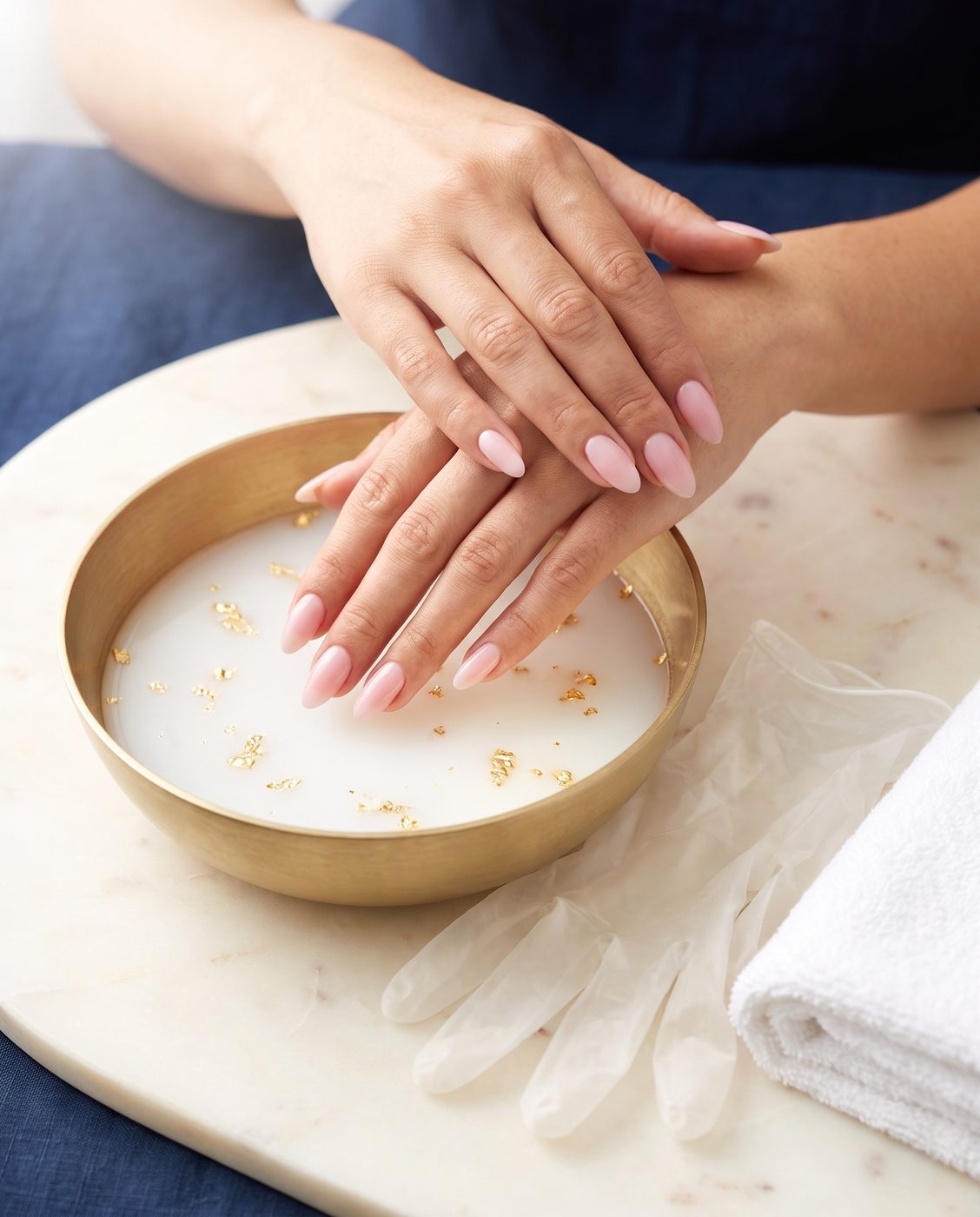 Hands resting in a gold bowl with gold leaf
