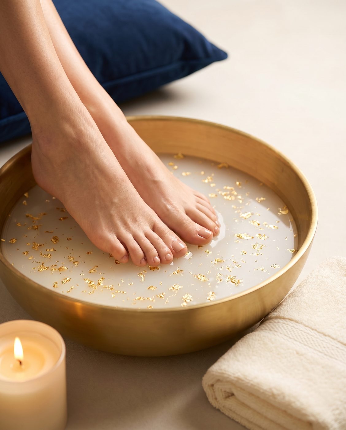 Feet in a gold bowl with floating gold leaf
